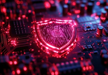 Aufkleber - Digital Shield Symbol on Circuit Board Background with Red Glow Highlighting Cybersecurity Concept and Technology Protection Theme