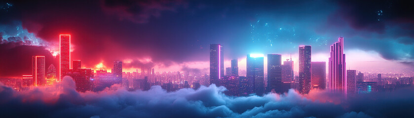 Wall Mural - Futuristic cityscape illuminated by neon lights urban environment digital art dramatic perspective