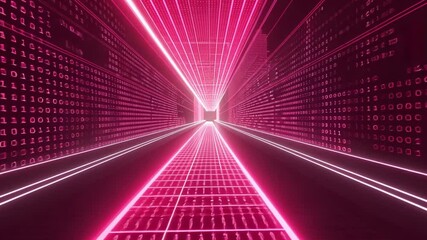 Poster - Futuristic Digital Tunnel with Glowing Pink Binary Code and Grid Lines Creates Sense of Speed and Technology, Evoking High Tech Cyber Environment with Vibrant Neon Colors Enhancing Sci Fi Atmosphere