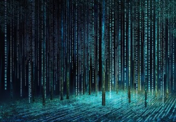 Poster - Enchanted Forest of Numbers: A Digital Realm Where Binary Codes Cascade Downward Through a Mystical and Futuristic Atmosphere