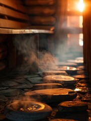 Poster - Experience the warm embrace of steam rising from hot stones in a tranquil sauna setting designed for ultimate relaxation