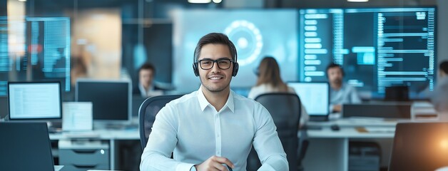 Poster - A confident young professional wearing a headset, sitting at a desk in a modern office