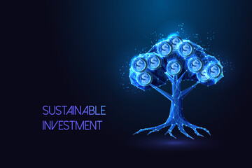 Wall Mural - Money tree with dollar coins symbolizing sustainable investment and ESG finance. Futuristic vector