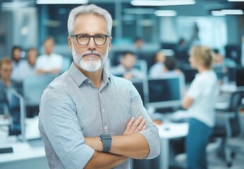 Poster - A confident senior man standing in an office setting, exuding professionalism and leadership. Colleagues are engaged in work around him, reflecting a dynamic work environment.
