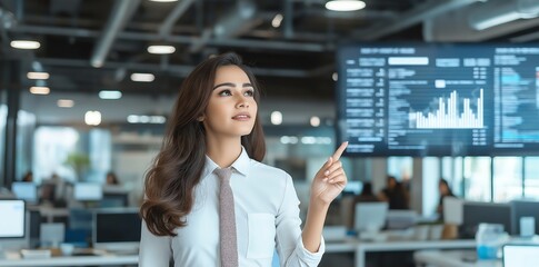 Aufkleber - A professional woman in a modern office setting analyzes data on a large screen, indicating insights and trends