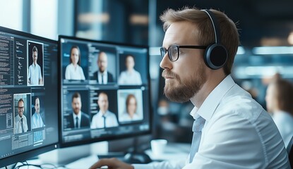 Poster - A focused professional man in a modern office is engaged in a video call, wearing headphones and analyzing multiple screens with various images and data to enhance productivity.