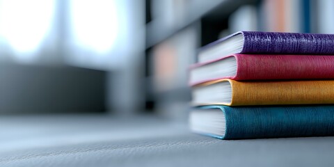 Poster - Stack of colorful hardcover books with vibrant spines in purple, red, yellow and teal arranged on light surface against blurred background, creating minimalist composition.