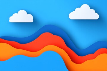 Poster - Stylized paper cut out landscape with clouds against a blue backdrop