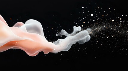 Poster - Flowing peach and white smoke waves with glowing particles dispersing into darkness against black background, abstract dynamic motion design element.