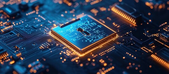 Poster - High-Tech Microchip with Lock Symbol Representing Cybersecurity and Data Protection in a Digital Circuit Board Environment