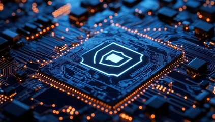 Poster - High-Tech Microchip on a Circuit Board with Electric Blue Lights and Intricate Patterns, Representing Modern Technology and Innovation