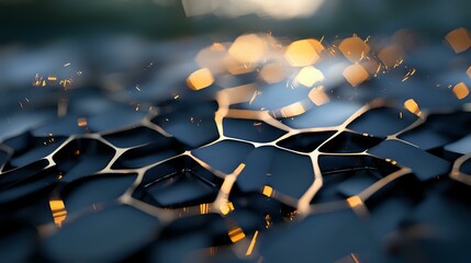 Aufkleber - Futuristic network structure with glowing golden particles floating above dark hexagonal surface creates dramatic technological atmosphere. Abstract digital concept.