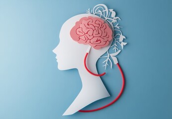 Poster - Illustration of a human head silhouette with a vibrant brain and stylized nature elements connected by a red tube, symbolizing mental health and creativity