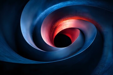 Poster - Abstract spiral tunnel in blue and red colors with dramatic lighting creates depth illusion against dark background, modern minimalist art composition.