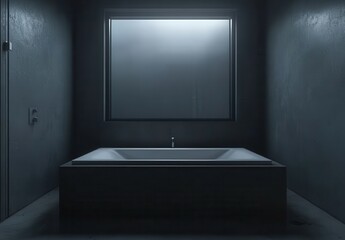 Poster - Minimalist bathroom design featuring a modern bathtub with large window illuminating dark walls and serene atmosphere for relaxation and tranquility.