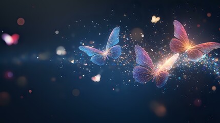 Poster - Magical glowing butterflies with luminous wings emit sparkles and light trails against dark blue background, creating ethereal atmosphere for fantasy designs.