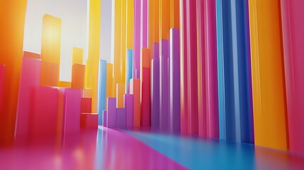 Poster - Vibrant multicolored geometric columns create abstract architectural space with dramatic lighting effects and reflective floor surface in pink, purple, yellow and blue tones.