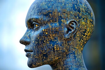 Poster - Futuristic android head profile with circuit pattern texture in blue and gold tones showing artificial intelligence and technological advancement.