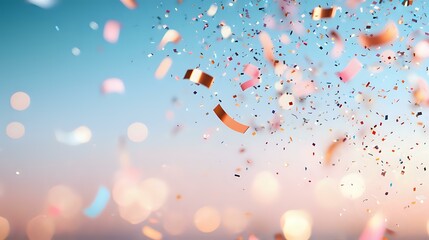 Poster - Festive rose gold confetti and glitter floating against dreamy sunset sky with bokeh lights creates magical celebratory atmosphere for party backgrounds.