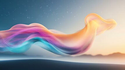 Poster - Vibrant multicolored smoke waves flow across horizon at sunset, creating dynamic abstract shapes in purple, orange, blue and pink against starry twilight sky.