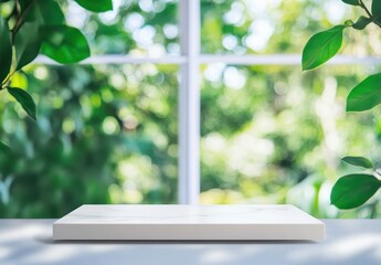 Poster - Minimalistic white platform with blurred green foliage background, perfect for showcasing products in natural light and enhancing visual appeal in design projects