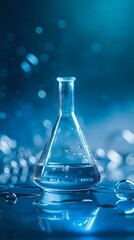 Poster - Laboratory glass flask with clear liquid and bubbles on blue background with bokeh lights and reflection on glossy surface. Scientific research concept.