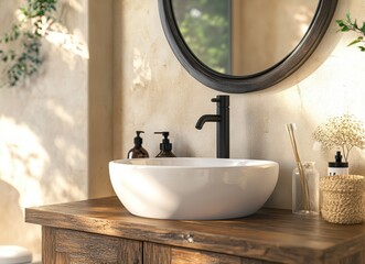 Poster - Modern bathroom interior featuring elegant white sink, wooden vanity, stylish decor, and natural light showcasing a serene and inviting atmosphere