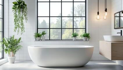Poster - Modern bathroom with freestanding bathtub, large windows, greenery, pendant lights, and minimalist design creating a serene atmosphere for relaxation