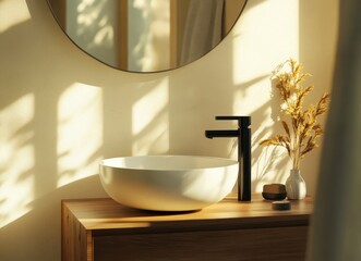 Poster - modern bathroom with stylish sink and minimalistic decor featuring shadows and sunlight streaming th