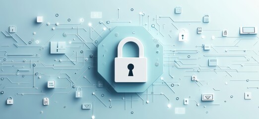 Poster - Modern Digital Security Concept Featuring Lock Symbol With Circuit Patterns and Technology Icons in Soft Blue Background