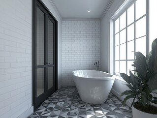 Poster - Modern minimalist bathroom design featuring a freestanding tub, stylish tile flooring, large windows, and contemporary fixtures in a serene atmosphere
