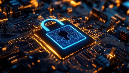 Poster - Secure Digital Lock over Computer Circuit Board with Glowing Lights Representing Cybersecurity and Data Protection