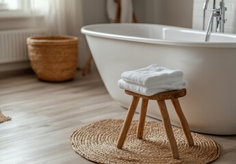Poster - Serene and Modern Bathroom Interior Featuring Cozy Tub, Plush Towels on Wooden Stool, and Natural Textures for a Relaxing Atmosphere
