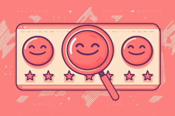 Wall Mural - minimal concept of customer experience rating system, three facial expression icons, magnifying lens