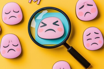 Wall Mural - minimal concept of customer feedback concept, a magnifying glass zooming into a happy face among sad