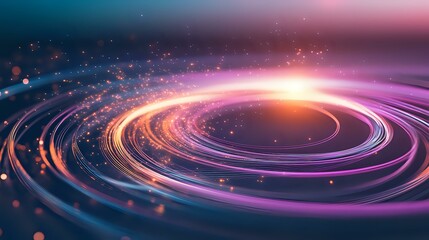 Poster - Glowing spiral light trails with orange and purple colors create dynamic motion effect against dark background with sparkling particles and bright energy burst.