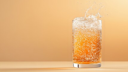 Poster - Refreshing orange carbonated drink with fizzy bubbles and splashing soda in clear glass against warm beige background, soft studio lighting creates appetizing beverage shot.