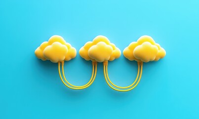 Poster - Three Stylized Yellow Clouds Connected by Bright Cables Against a Vibrant Blue Background Symbolizing Data Transfer and Connectivity