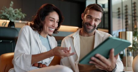 Poster - Bonding, smile and couple with tablet, home and watching movies on app in living room and browsing. House, woman and man with tech for streaming, happy with entertainment and relax in lounge