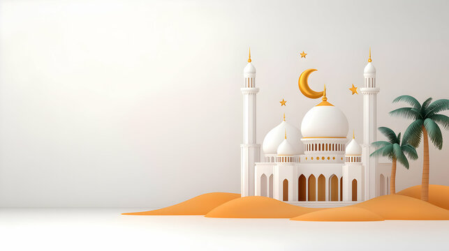 3d illustration of a mosque with golden moon and stars ornament