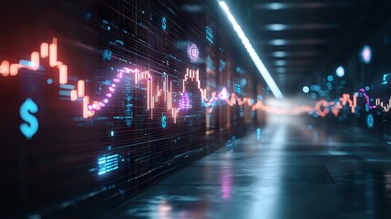 Poster - Financial market data visualization with glowing pink and blue charts on dark reflective surface showing stock price movements and dollar symbol in futuristic trading environment.