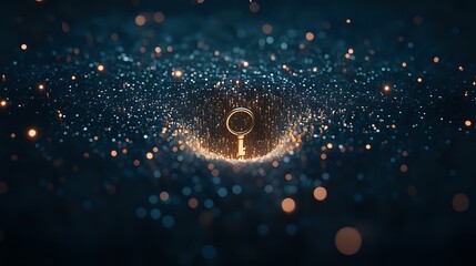 Poster - Glowing key silhouette surrounded by magical sparkles and bokeh lights on dark background creates mysterious atmosphere for fantasy or security concepts.
