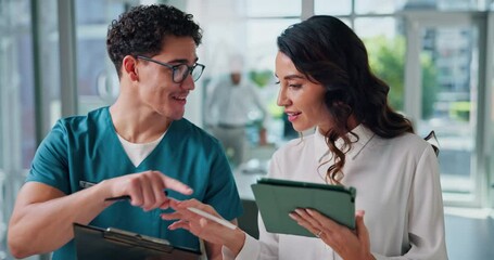 Poster - Tablet, hospital and nurse with woman for discussion for administration, advice and meeting. Healthcare, team and medicine sales rep with man on tech for research, online diagnosis or medical service