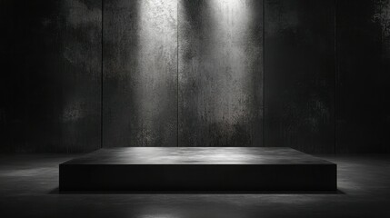 Poster - A minimalist stage set in a dimly lit concrete environment, designed for presentations or performances.