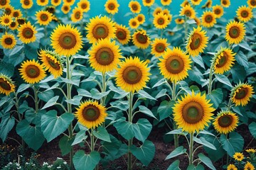 Wall Mural - Bright Yellow Sunflowers in a Summer Garden on a Turquoise Background