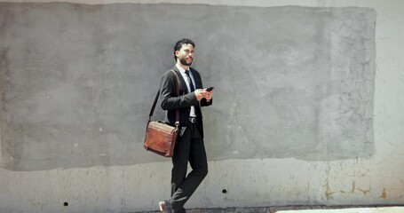 Poster - Business, thinking and man in city, smartphone and internet with message to contact. Person, lawyer and attorney with cellphone, mockup space or connection with digital app, solution and opportunity