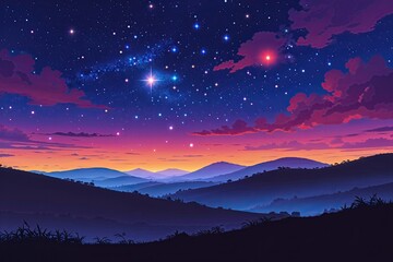 Wall Mural - Twilight Hills Silhouette with Glowing Stars in a Vibrant Evening Sky