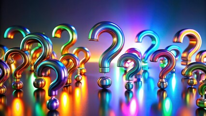 colorful array of metallic question marks in varying sizes illuminated by gradient lighting, optical