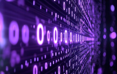 Poster - Abstract digital background with purple glowing binary code and bokeh effects.  The perspective creates a sense of depth and movement through a stream of data. Ideal for technology, data, or