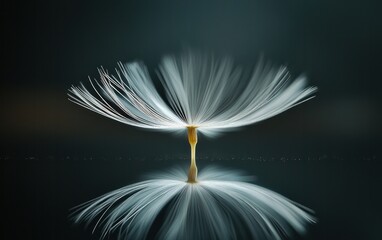 Poster - Abstract close-up of a dandelion seed head with its delicate seeds radiating outwards, creating a visually striking image against a dark background. The seed head is captured with remarkable clarity